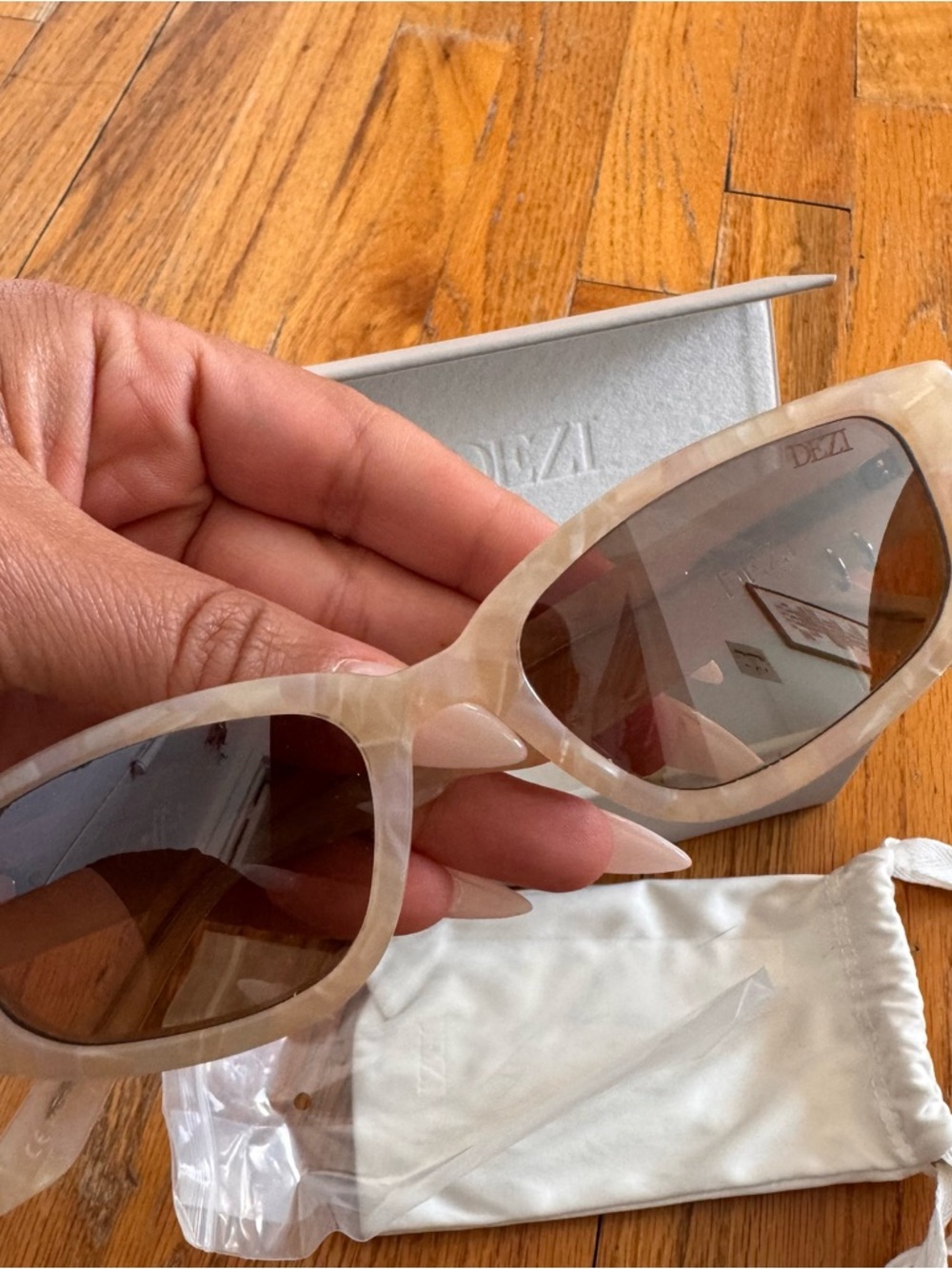DEZI Cream Beige Cat-Eye Sunglasses with Brown Lenses